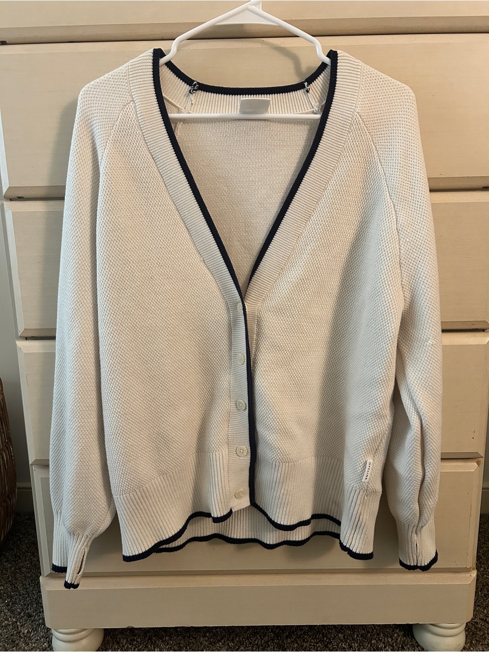 Aerie Cream Button-Front V-Neck Cardigan with Navy Trim